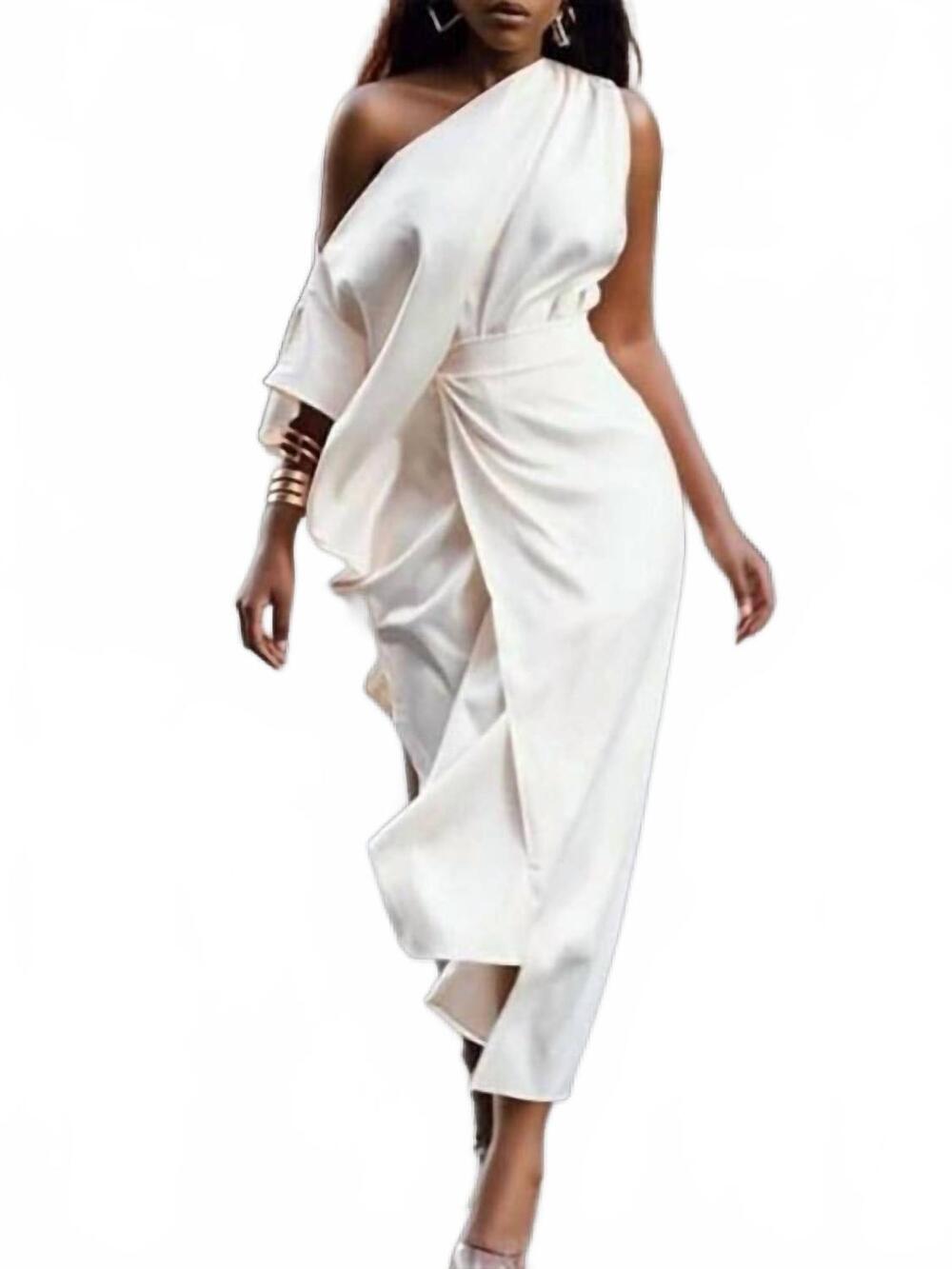 NEW VIVIDLUX asymmetric split-side one-shoulder midi dress in white